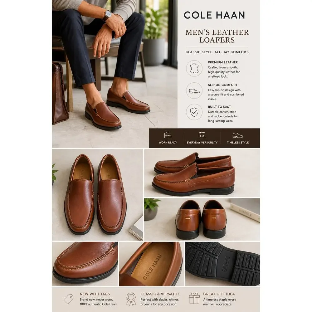 Cole Haan Mens Leather Loafter Brown SZ Brown Slip On Classic SZ8.5 Comfort